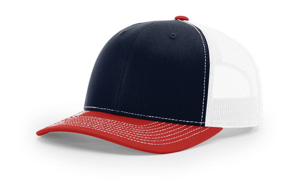 Navy, white and red Richardson 112 trucker hat, a popular blank for custom patch hats