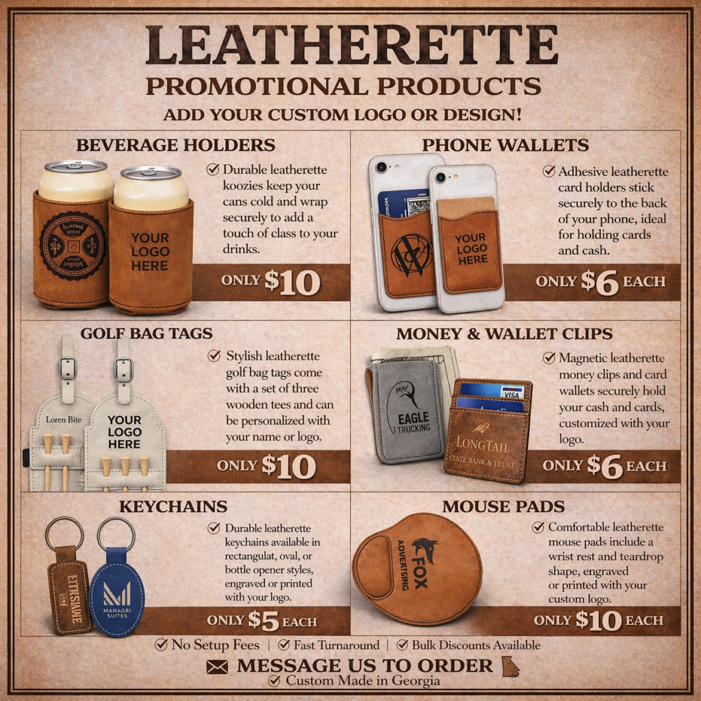 Leatherette promotional products price sheet: can holders, phone wallets, golf bag tags, money clips, keychains, mouse pads