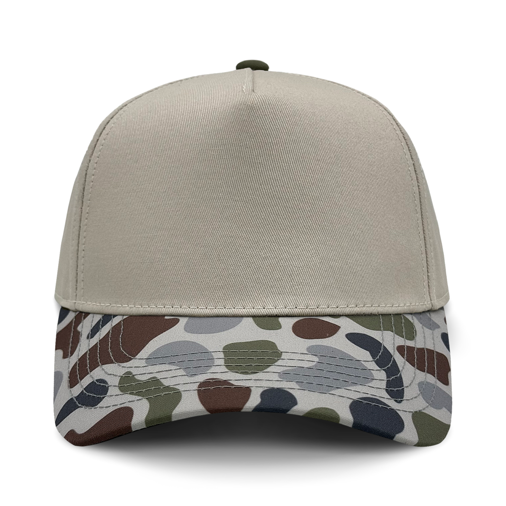Khaki five-panel hat with a camo bill, a blank style for a custom leather patch hat