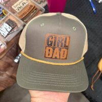 Olive and khaki rope hat with a distressed Girl Dad leather patch